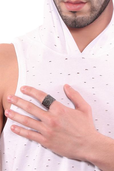 LABALABA Men's Metallic Anthracite Lacquer Plated Adjustable Weave Textured Ring