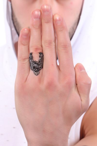 LABALABA Men's Anthracite Lacquer Plated Winged Eagle Ring
