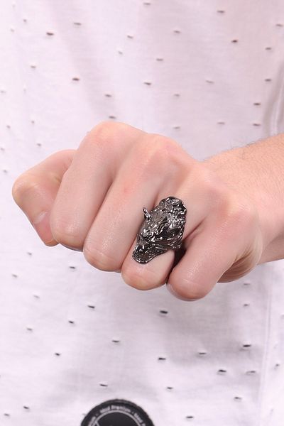 LABALABA Men's Metallic Anthracite Lacquer Plated Adjustable Wolf Head Ring