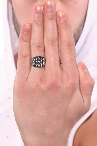 LABALABA Men's Metallic Anthracite Lacquer Coated Adjustable Wicker Weave Textured Ring