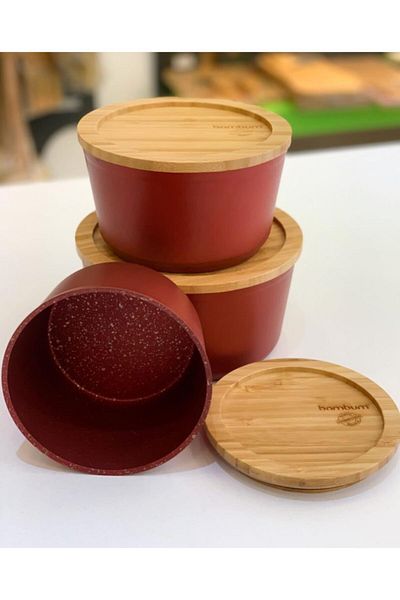 OMS PASLANMAZ Oms Bamboo Lid Granite Storage Container Set 12/14/16cm Red