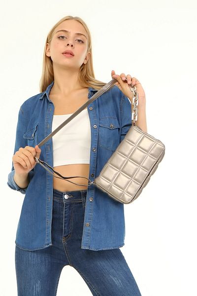 Güce Silver Gray Square Embroidered Plastic Chain Strap Hand and Shoulder Bag Gc003415