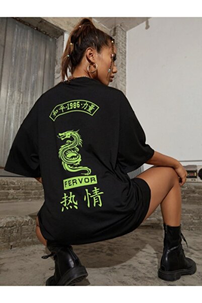 ALİKA تي شيرت نسائي بطبعة تنين الحماسة أسود اللون
