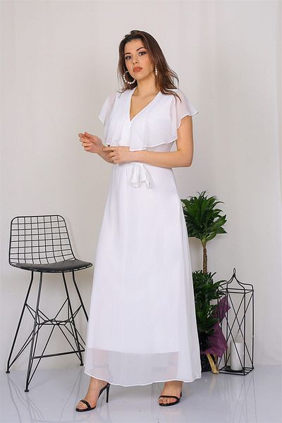 Neşeli Butik Γυναικεία γραβάτα γιακά με διπλό στήθος Λεπτομερές φόρεμα σιφόν νέας σεζόν Kts001