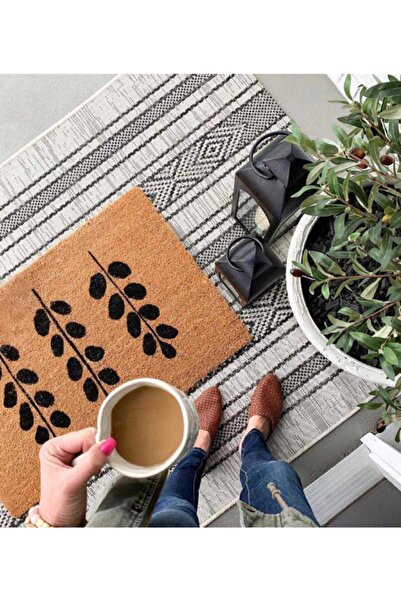 DefLife Home سجادة كوكو للباب الأمامي بنمط أوراق الشجر باللون الأسود