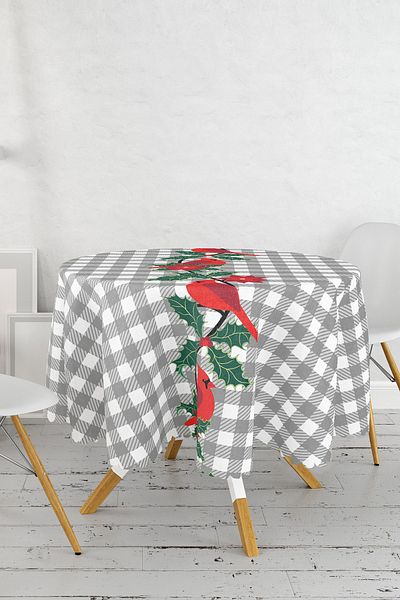 Realhomes Γκρι καρό φόντο Red Bird Design Ψηφιακό τυπωμένο στρογγυλό τραπεζομάντιλο