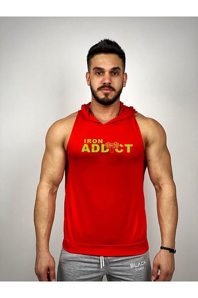 Black İstanbul هودي رجالي أحمر مناسب -iron Addict- مطبوع بقلنسوة بدون أكمام رياضي