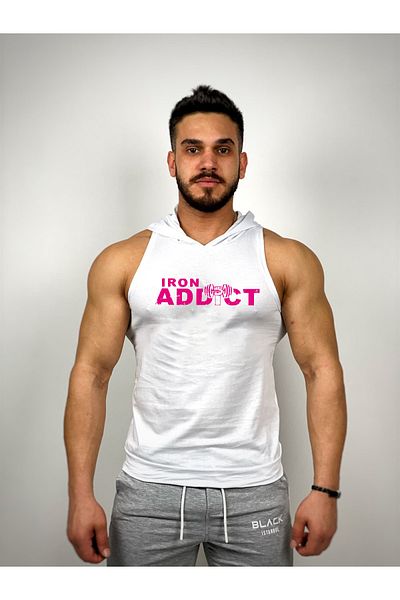 Black İstanbul White Men's Regular Fit -pink Iron Addict Printed Hooded Sleeveless Athlete Hoodie
