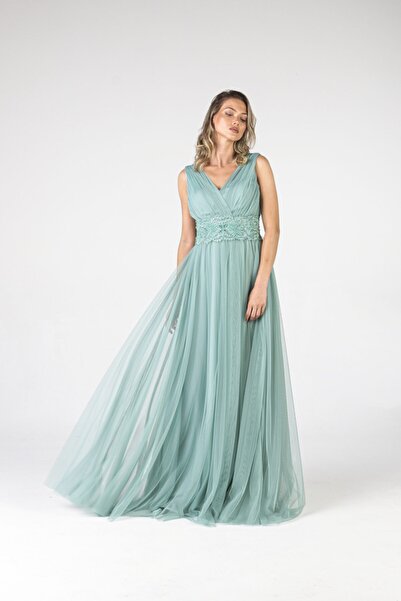 ALİS DRESS Beli Aplik Işlemeli Limon Küfü Tül Abiye