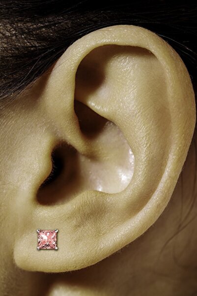 Jewelry For Light 925 Ayar Gümüş,7mm, Pink Kare Kesim (PRİNCESS CUT), Tektaş Zirkon Pimli Küpe