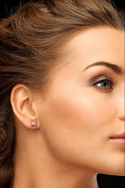 Jewelry For Light 925 Ayar Gümüş,7mm, Pink Kare Kesim (PRİNCESS CUT), Tektaş Zirkon Pimli Küpe
