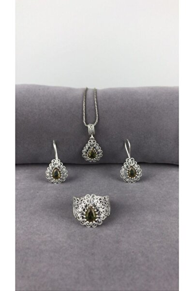 BEY SİLVER Telkari Zultanit Taşlı Damla Gümüş Kadın Set