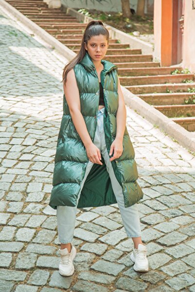 SAWROZ Vestă pufă verde cu glugă pentru femei