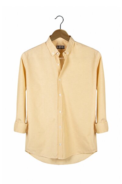 VEAVEN Erkek Sarı Kalın Dik Çizgili Uzun Kollu Yakası Düğmeli Slim Fit Gömlek