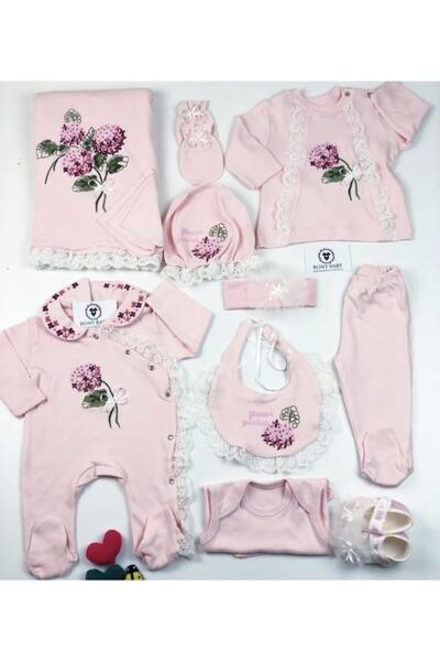 Eda Baby Ortanca Nakışlı 11 Parça Hastane Çıkışı Pembe