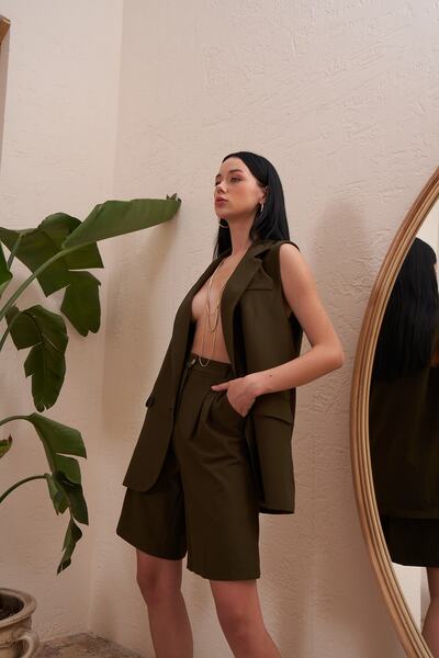 Eka Γυναικείο Χακί Ψηλόμεσο Υφασμάτινο Σορτς 0993-2115