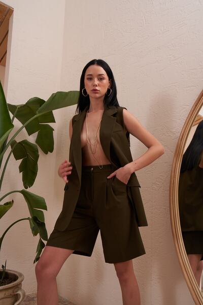 Eka Γυναικείο Χακί Ψηλόμεσο Υφασμάτινο Σορτς 0993-2115