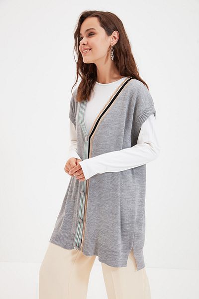 Trendyol Modest Gray Collar Stripe Detailed Knitwear Sweater TCTAW22UV0002