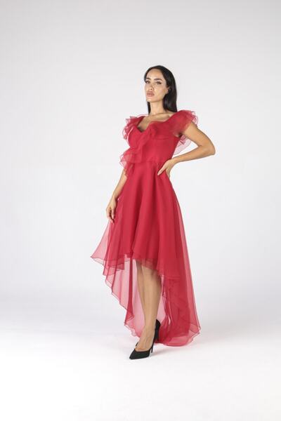 ALİS DRESS Yakası Fırfırlı Kırmızı Elbise