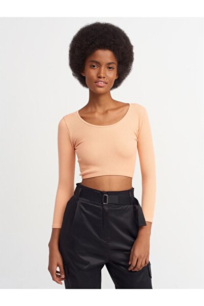Dilvin 3529 Pool Neck Long Sleeve Crop Top-peach