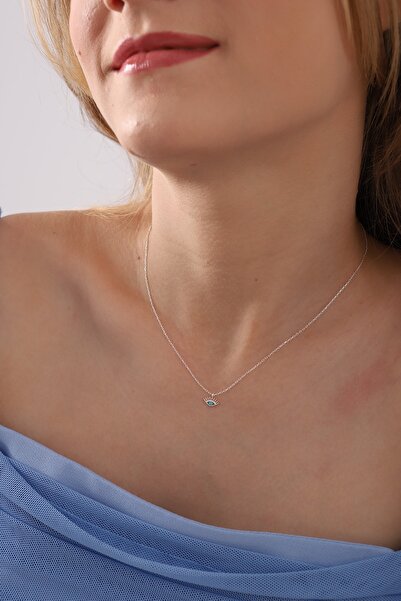 Bilsen Store 925 Ayar Gümüş Zincirli Turkuaz Firuze Taşlı Kirpik Göz Model Kolye