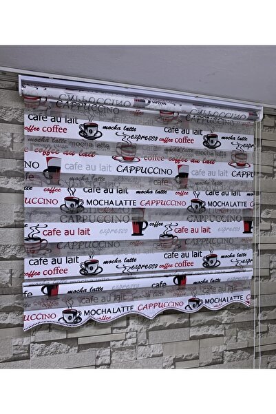 PERDECİNİZ Cappuccino Kırmızı Baskılı Zebra Perde (etek Kısmı Düz)
