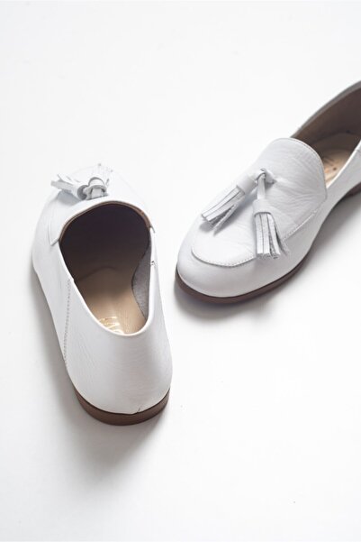 LuviShoes Dámské mokasínové boty F04 White Skin z pravé kůže se střapcem