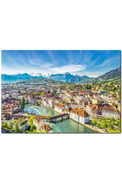 Cakatablo Ahşap Tabloisviçre Luzern Ve Arkaplanda Dağlar (50x70 Cm Boyut)