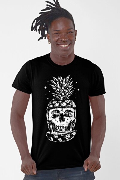 ROCKANDROLL تي شيرت رجالي بأكمام قصيرة برأس أناناس أسود