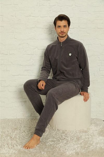 BERİN HOMEWEAR Men's Smoked Winter Fleece Front Zipper Pajama Set