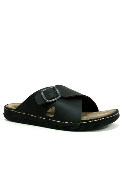 Apella Black Buckle Cross Band Anatomical Men's Slippers