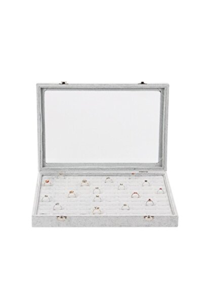 Aydın Decor Ithal Cam Kapaklı Batırmalı Süet Gri Yüzük Takı Kutusu Tablası (a...