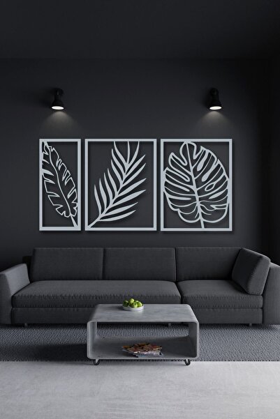 NT Handmade Beyaz Ahşap 3lü Yaprak Duvar Dekoru - Salon Oturma Yatak Odası Of...