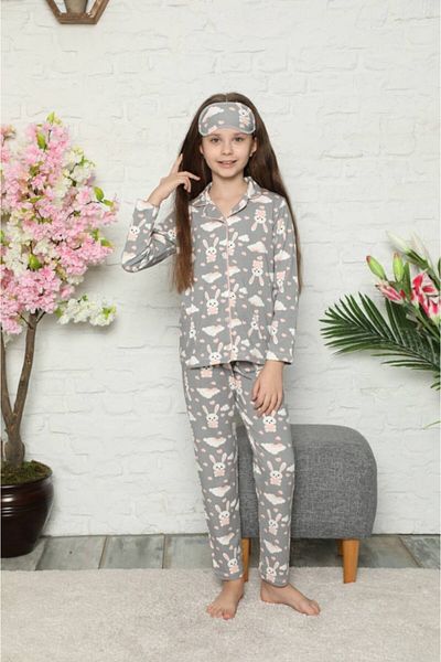 pijama moda Girl's Gray Rabbit Patterned Long Sleeve Pajama SetEye Patch Included