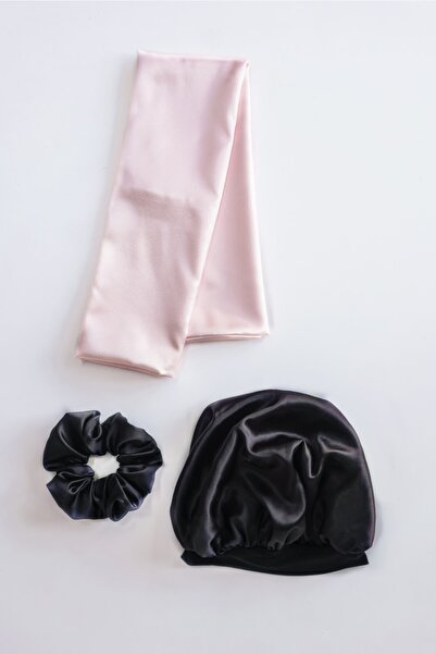 pistore Set de bonetă din satin negru, pernă cu pudră și agrafă pentru păr creț