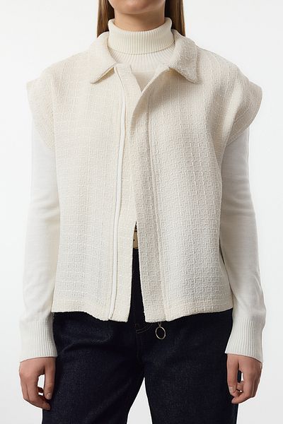 Edit by Trendyol Ecru Zipper Detailed Tweed Fabric Woven Regular Woven Vest Tedaw25Ye00007