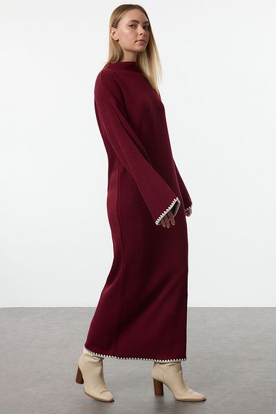 Trendyol Modest Μπορντό ραφές Λεπτομερές μακρύ πλεκτό φόρεμα TCTAW25EB00001