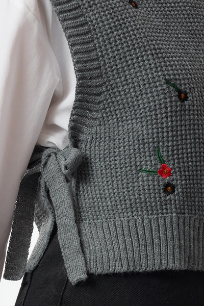 Trendyol Collection Ανθρακί Κεντητό Πλεκτό Πουλόβερ TEDAW25SV00000