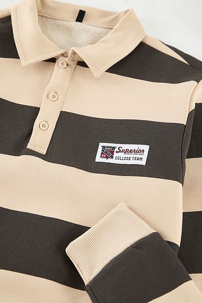 Trendyol Collection Bavlněná proužkovaná mikina s límečkem Polo - Mink Regular Cut Tmnaw24Sw00240