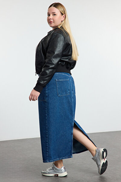 Trendyol Curve Blue More Sustainable Large Size Midi Denim Skirt with Pocket Detail Tbbaw25Az00025