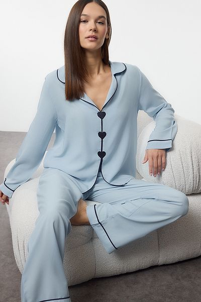 Trendyol Collection Set de pijamale țesute din viscoză cu inimă albastru deschis THMAW25PT00179