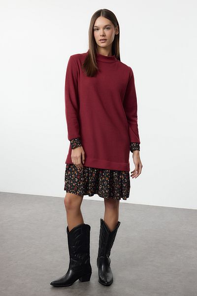 Trendyol Collection Bordó virágmintás mini Thessaloniki állógalléros kötött ruha TWOAW25EL00282