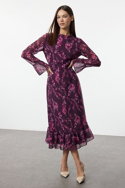 Trendyol Collection Rochie midi în formă de A cu imprimeu floral de prune - guler vertical, șifon căptușit, iarnă - TWOAW25EL00173