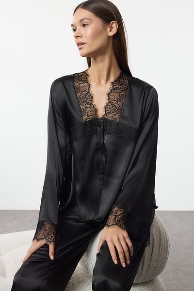 Trendyol Collection Set pijamale din dantelă neagră din satin THMAW25PT00231