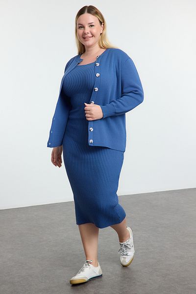 Trendyol Curve Σετ πλεκτών 2 τεμαχίων Indigo Midi - Ζακέτα με ραβδώσεις και φόρεμα TBBAW25AH00110
