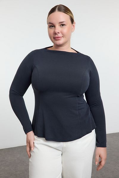 Trendyol Curve Plus Size Anthracite Ribbed Knitted Blouse - Stand Collar Tbbaw25Af00043