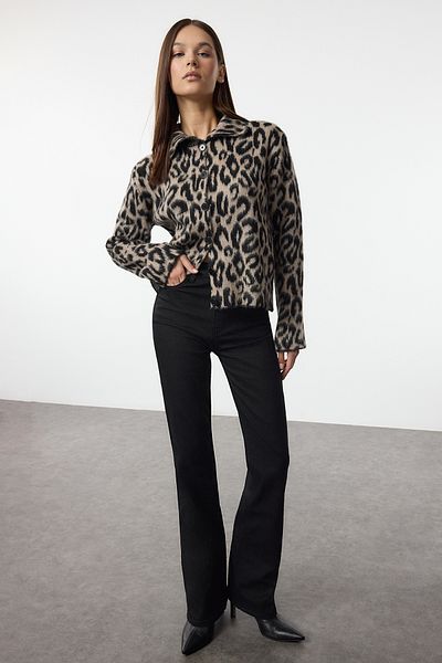 Trendyol Collection Καφέ πλεκτή ζακέτα με λεοπάρ στάμπα TWOAW25HI00360