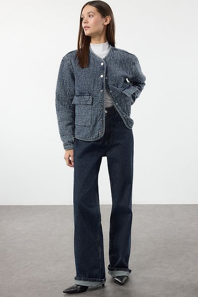 Trendyol Collection Oversize modrá TexturedDenim Jacket - Kapesní detailní, Twoaw25ce00062