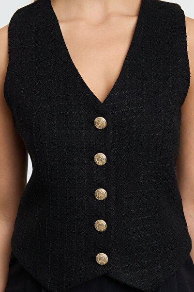 Trendyol Collection Black Tweed Vest with Gold Button Detail - Twoaw25Ye00102