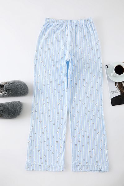 Trendyol Collection Világoskék kötött pizsama alsó pamut csíkokkal és szívekkel - THMSS23PJ00002